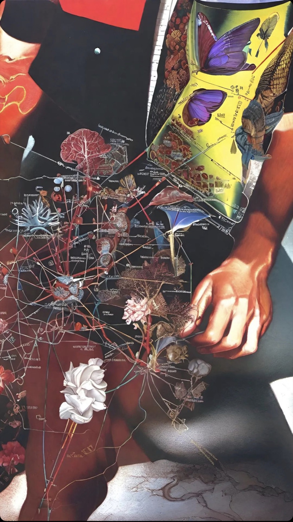 Collage textile aux motifs floraux, mécaniques et organiques sur fond noir